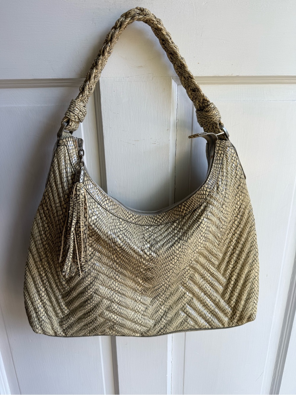Cole Haan Braided Handle Leather Snake Skin Beige Hobo Bag